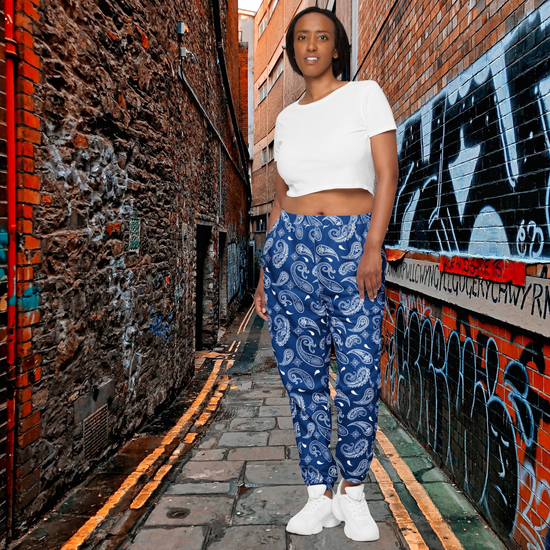 Blue and white paisley track pants 